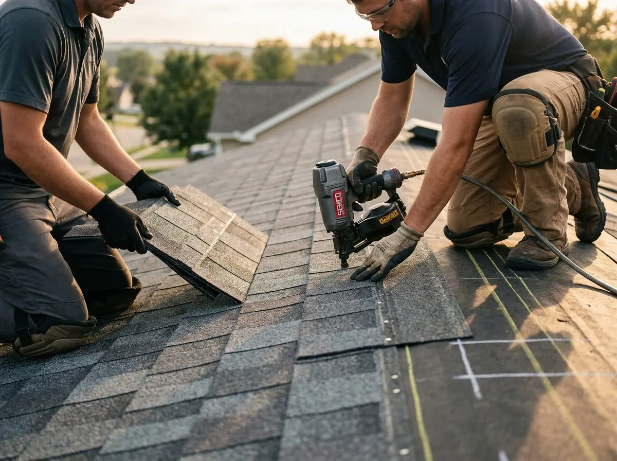 Professional roofer working on a residential roof in Roseland